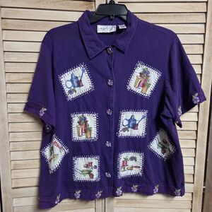 Vintage Kate & Co Purple 1X Flower Patch Button Down Shirt Grannycore Gardening